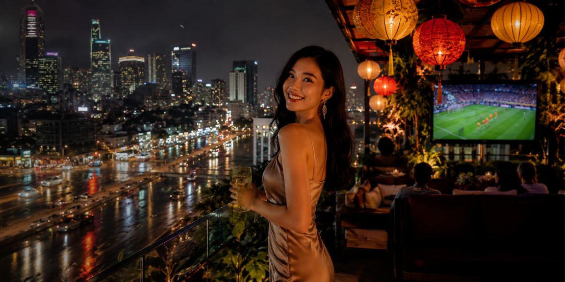 Người hâm mộ theo dõi trận bóng đá và đặt cược trực tuyến tại TP. Hồ Chí Minh với đèn lồng rực rỡ